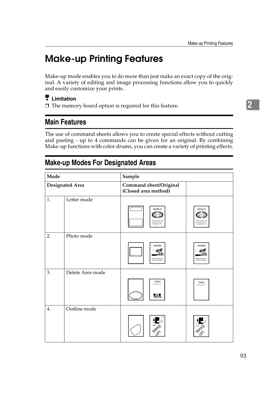 Savin 3350DNP, 5450 manual Make-up Printing Features, Main Features, Make-up Modes For Designated Areas 