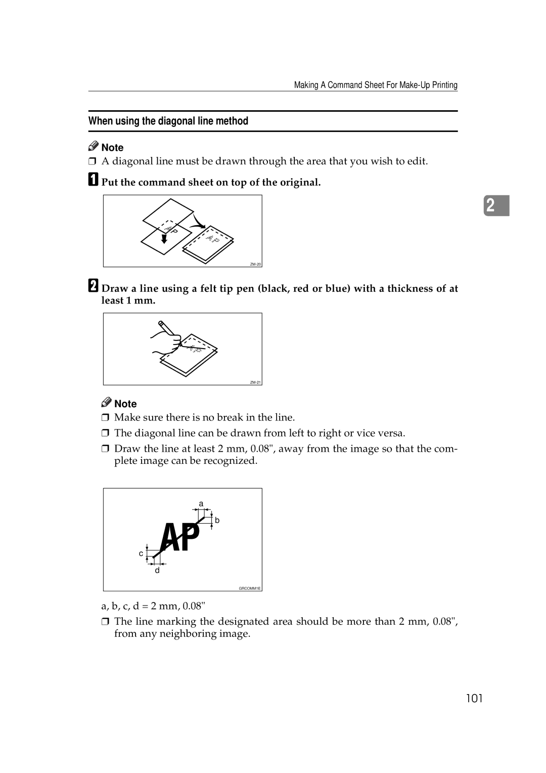 Savin 3350DNP, 5450 manual When using the diagonal line method, 101, Put the command sheet on top of the original 