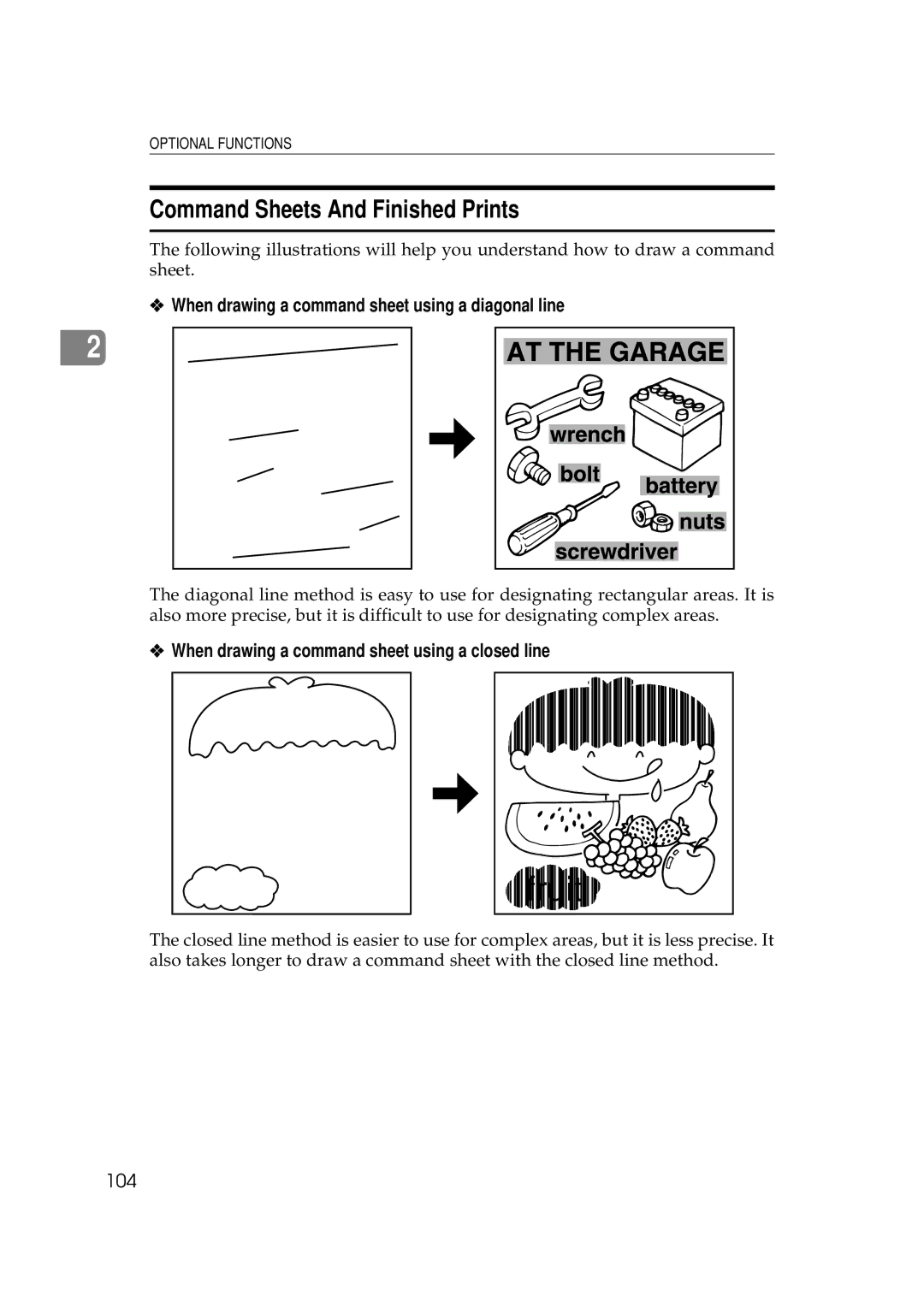 Savin 5450, 3350DNP manual Command Sheets And Finished Prints, When drawing a command sheet using a diagonal line, 104 