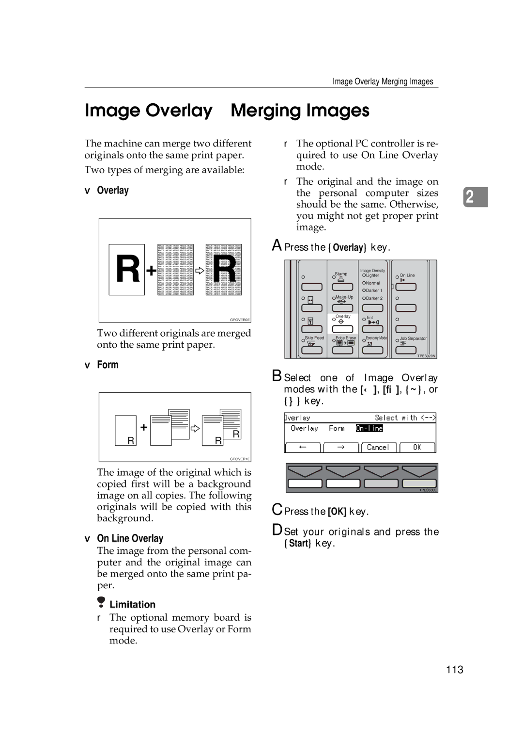 Savin 3350DNP, 5450 manual Image Overlay-Merging Images, Form, On Line Overlay, 113 