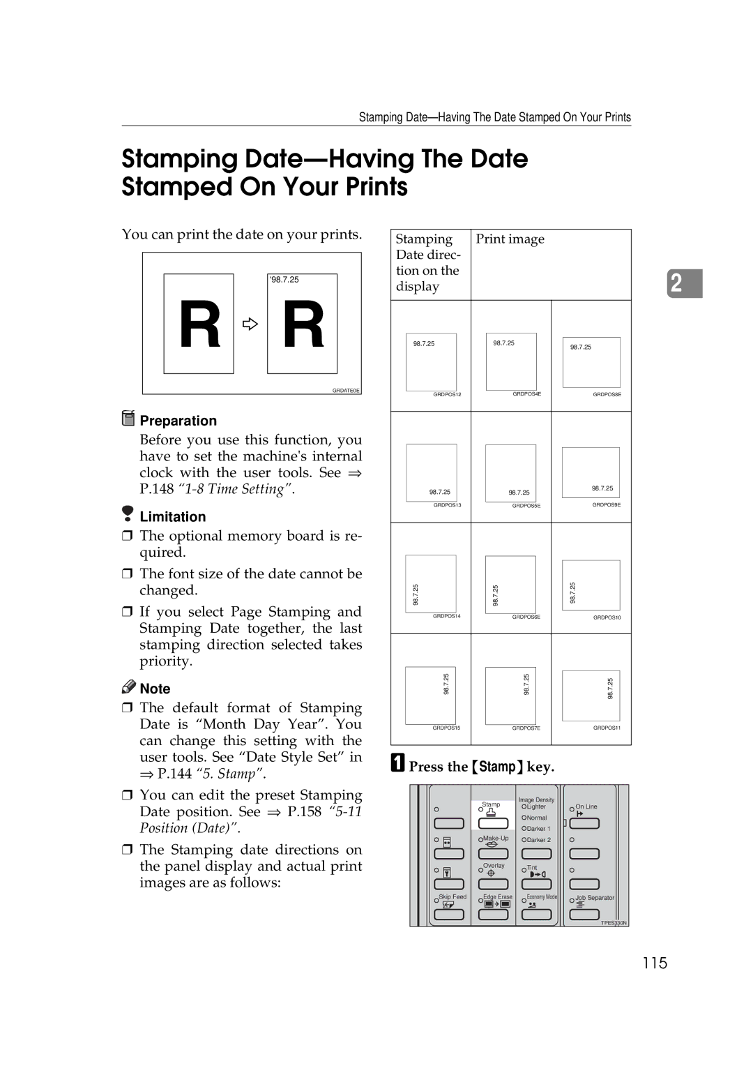 Savin 3350DNP, 5450 manual Stamping Date-Having The Date Stamped On Your Prints, 115, Press the Stamp key 