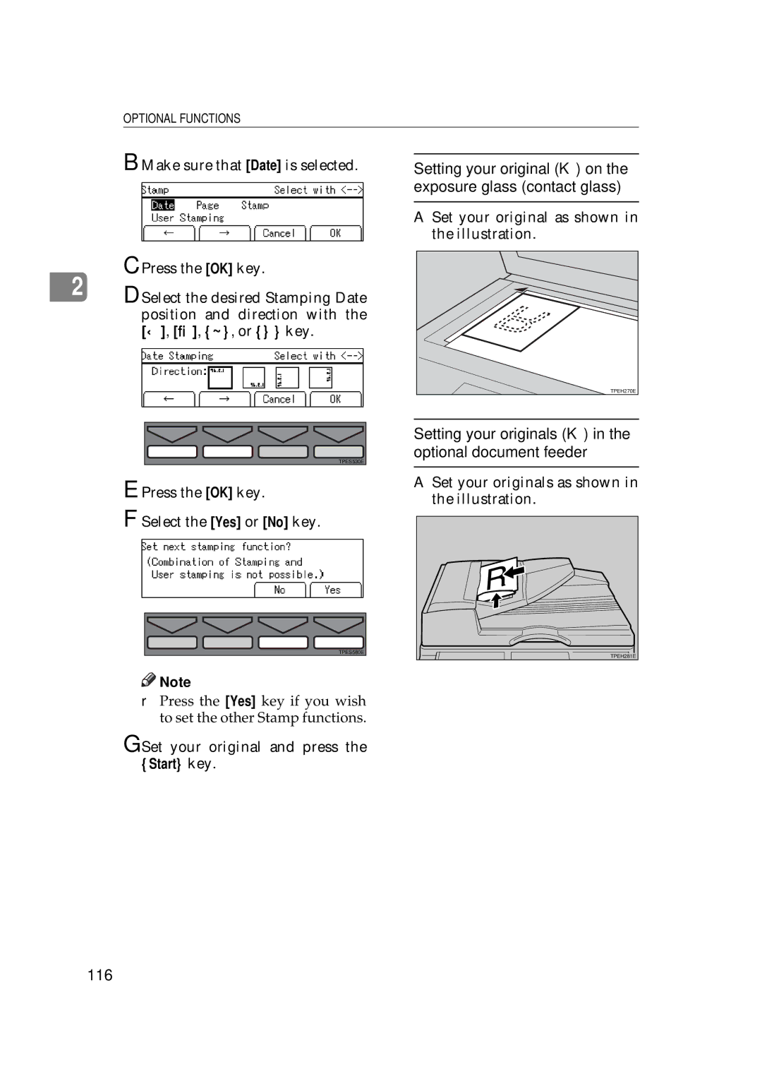 Savin 5450, 3350DNP manual 116, Press the OK key Select the Yes or No key, Set your original as shown in the illustration 