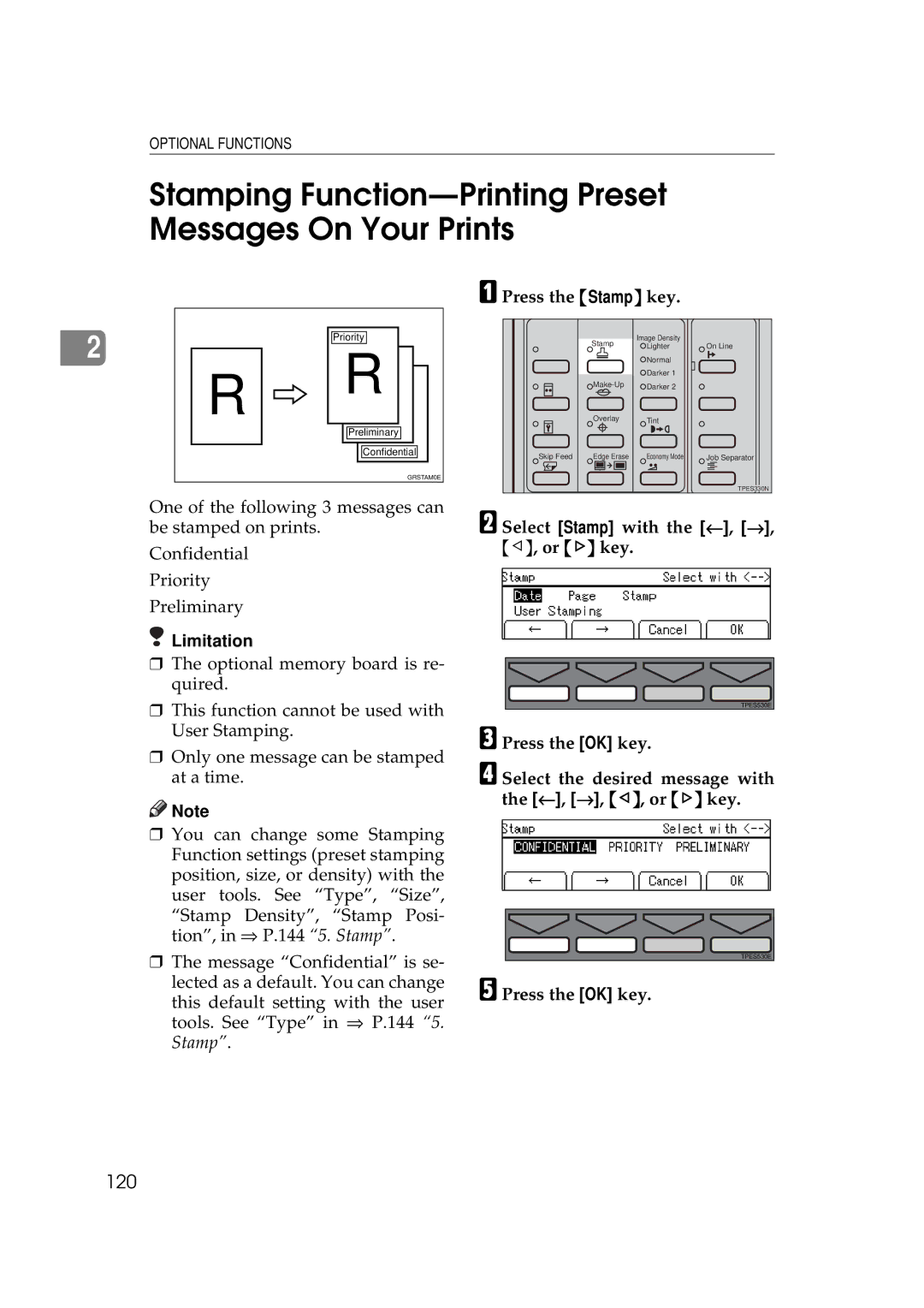 Savin 5450, 3350DNP Stamping Function-Printing Preset Messages On Your Prints, 120, Select Stamp with the ←, →, ~, or key 