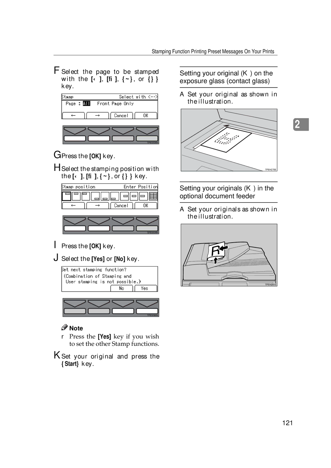 Savin 3350DNP, 5450 manual 121, Select the page to be stamped with the ←, →, ~, or key 