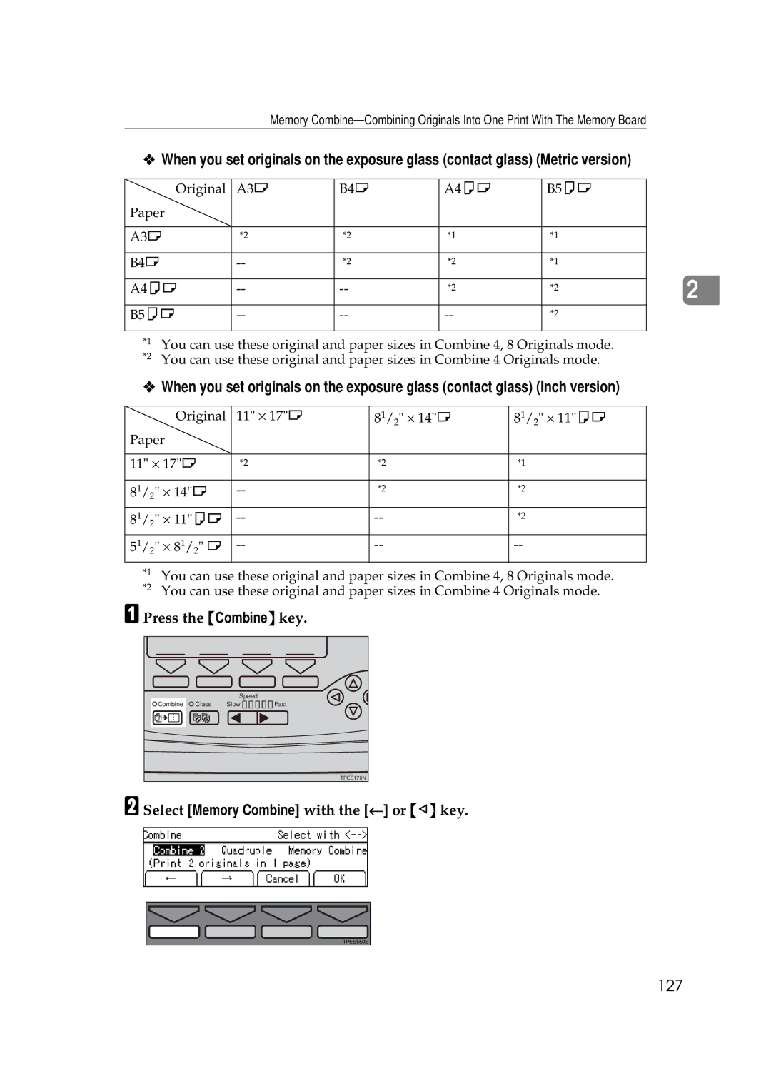 Savin 3350DNP, 5450 manual 127, Press the Combine key 