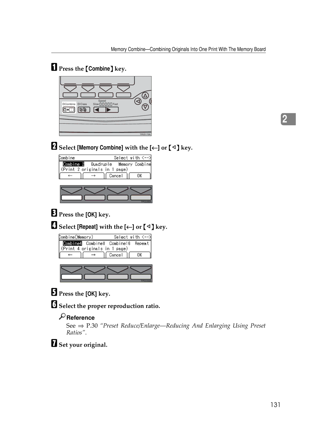 Savin 3350DNP, 5450 131, Select Memory Combine with the ← or ~ key, Press the OK key Select Repeat with the ← or ~ key 