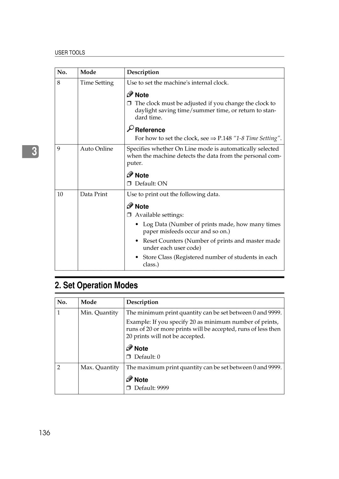 Savin 5450, 3350DNP manual Set Operation Modes, 136 