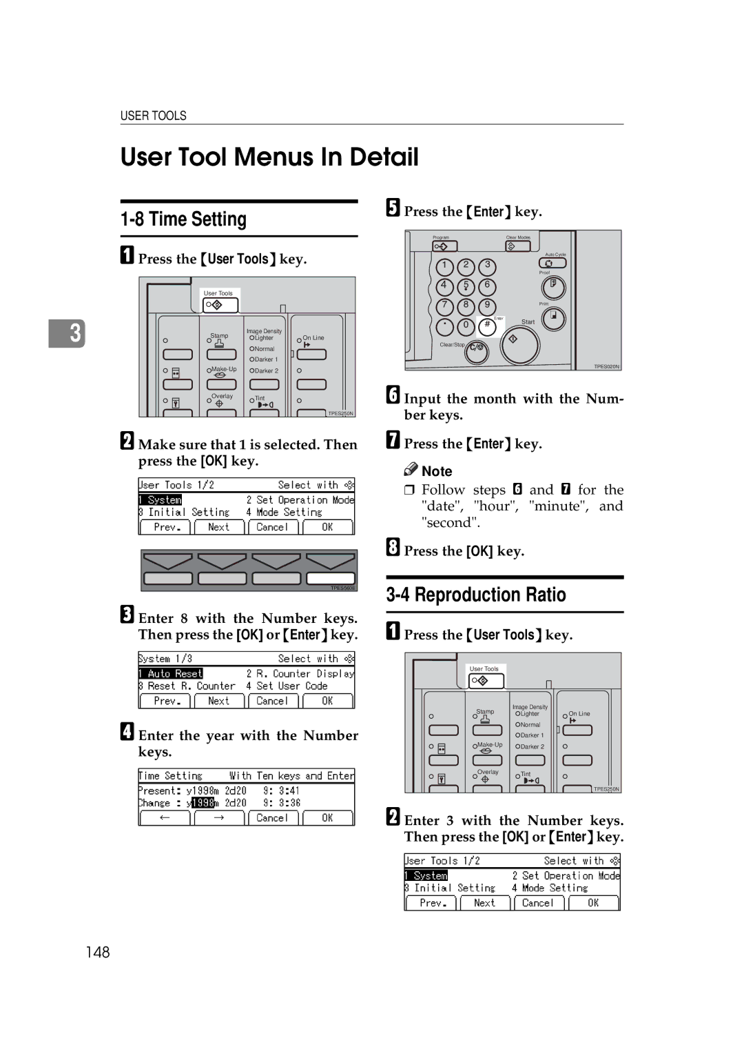 Savin 5450, 3350DNP manual User Tool Menus In Detail, Time Setting, Reproduction Ratio, 148 