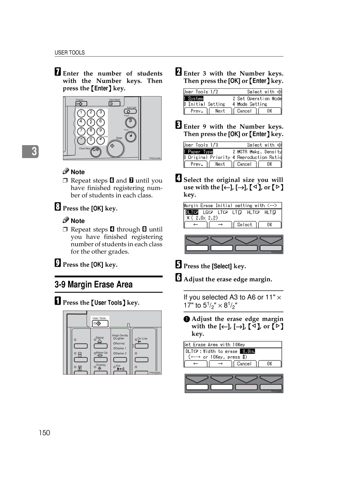 Savin 5450, 3350DNP manual Margin Erase Area, 150, Enter 9 with the Number keys Then press the OK or Enter key 