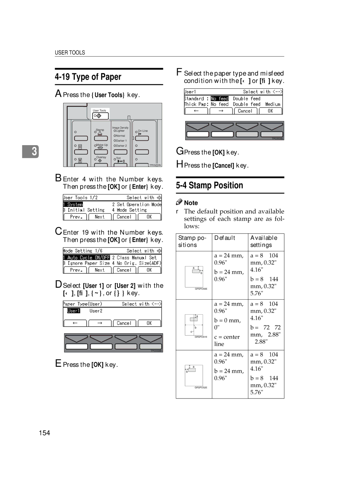 Savin 5450, 3350DNP Type of Paper, Stamp Position, 154, Select the paper type and misfeed, Condition with the ← or → key 