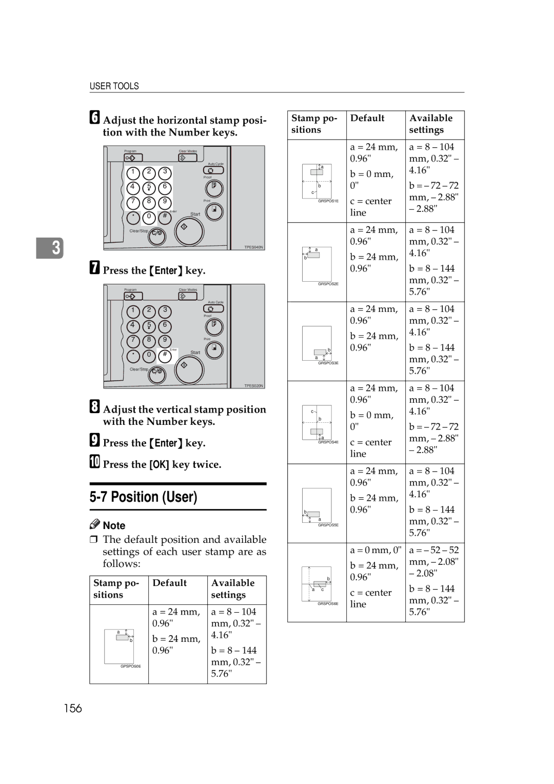 Savin 5450, 3350DNP 156, Adjust the horizontal stamp posi, Tion with the Number keys, Adjust the vertical stamp position 