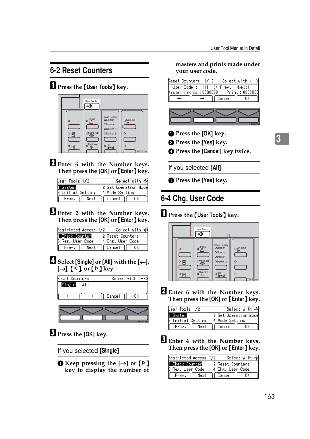 Savin 3350DNP, 5450 manual Reset Counters, Chg. User Code, 163 