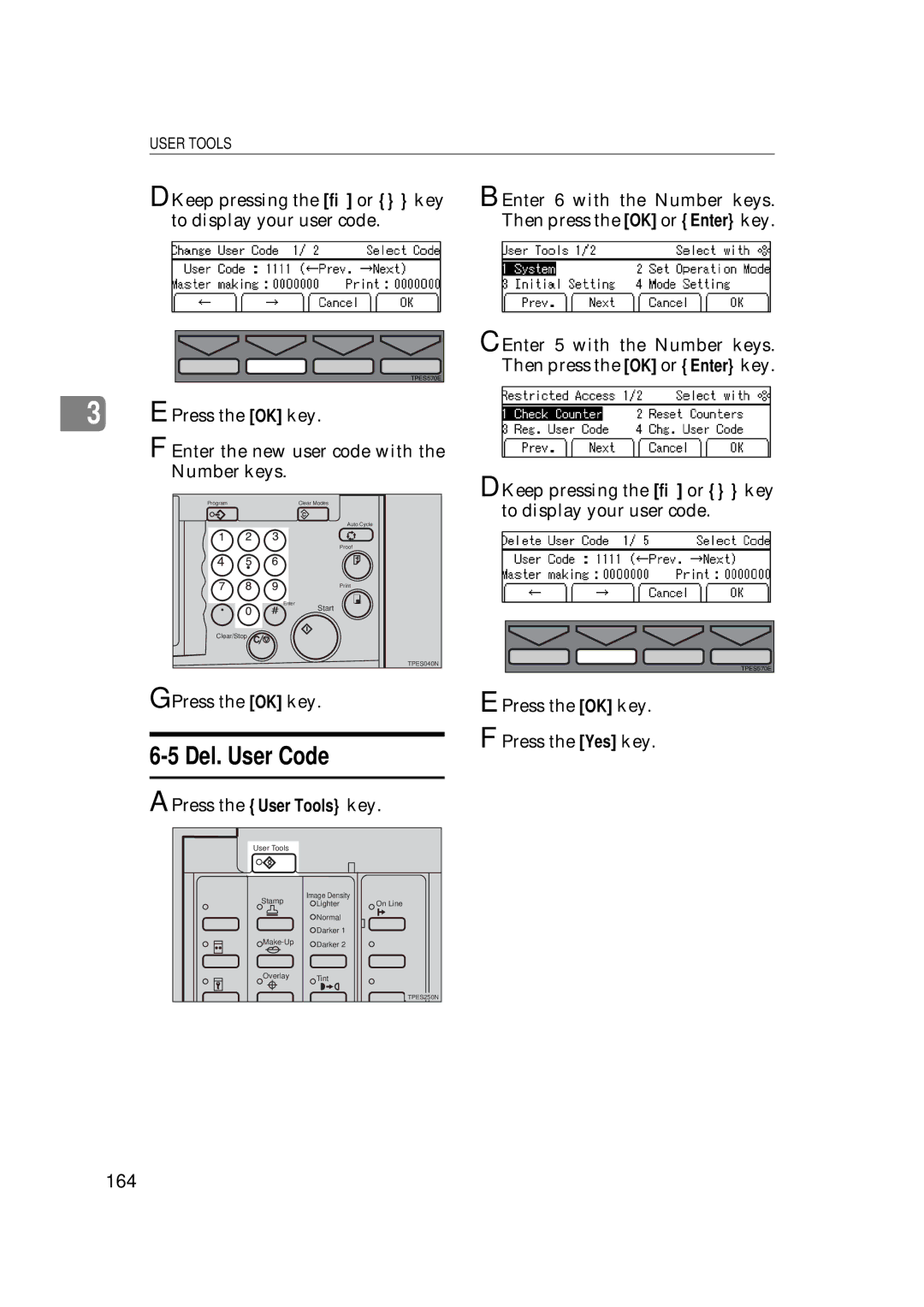 Savin 5450, 3350DNP manual Del. User Code, 164, Press the OK key Enter the new user code with Number keys 