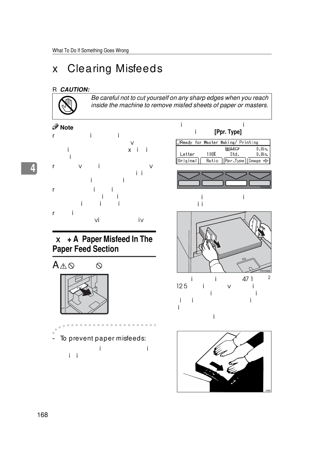 Savin 5450, 3350DNP manual Clearing Misfeeds, + a Paper Misfeed In The Paper Feed Section, 168, Remove the misfed paper 