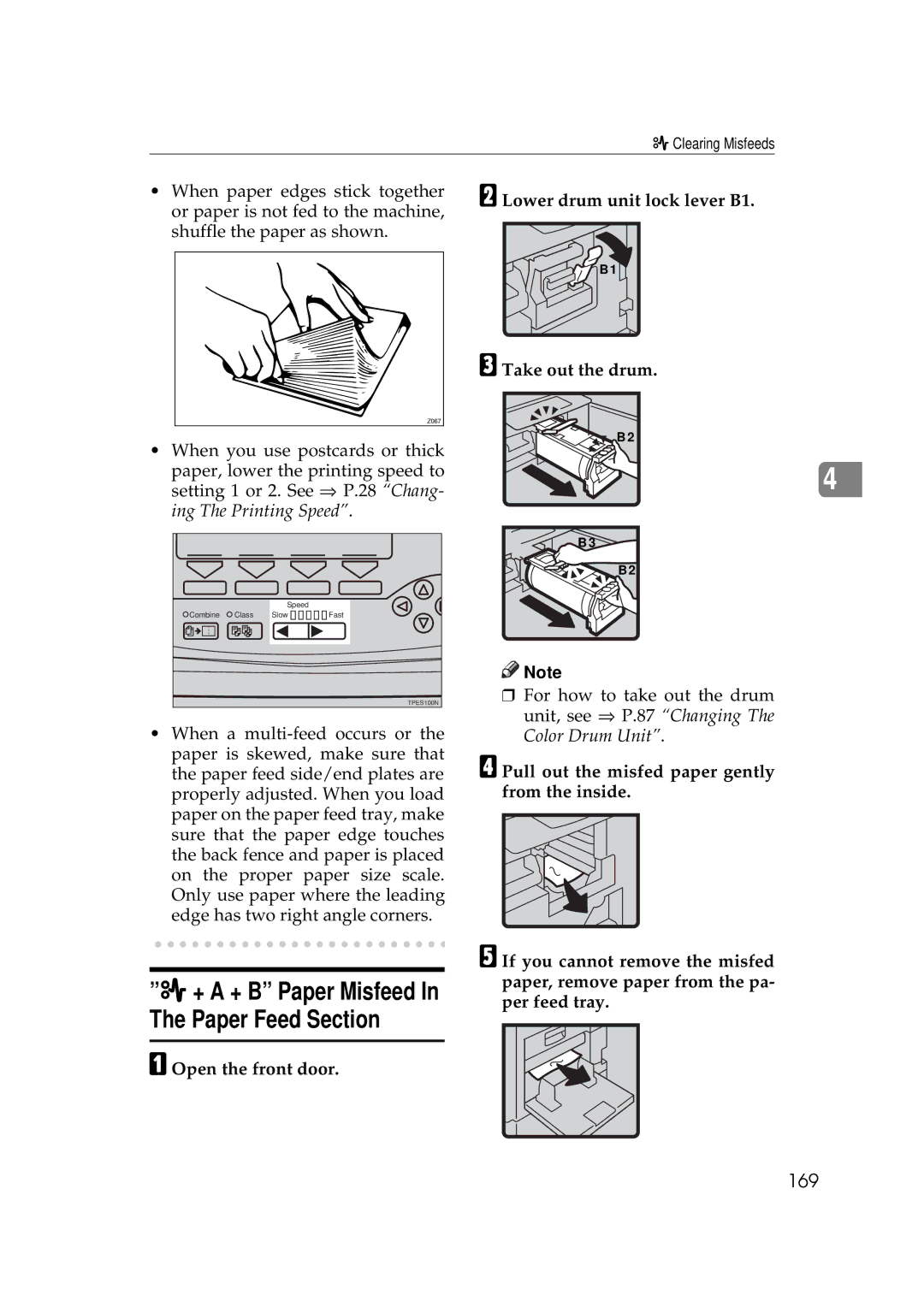 Savin 3350DNP, 5450 manual + a + B Paper Misfeed In The Paper Feed Section, 169 