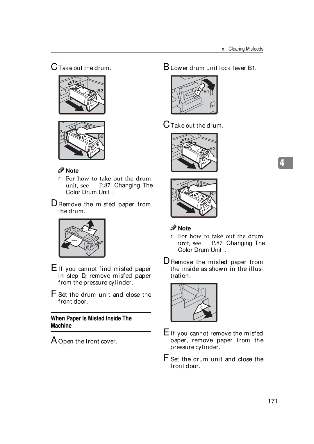 Savin 3350DNP, 5450 manual When Paper Is Misfed Inside The Machine, 171, Take out the drum Lower drum unit lock lever B1 