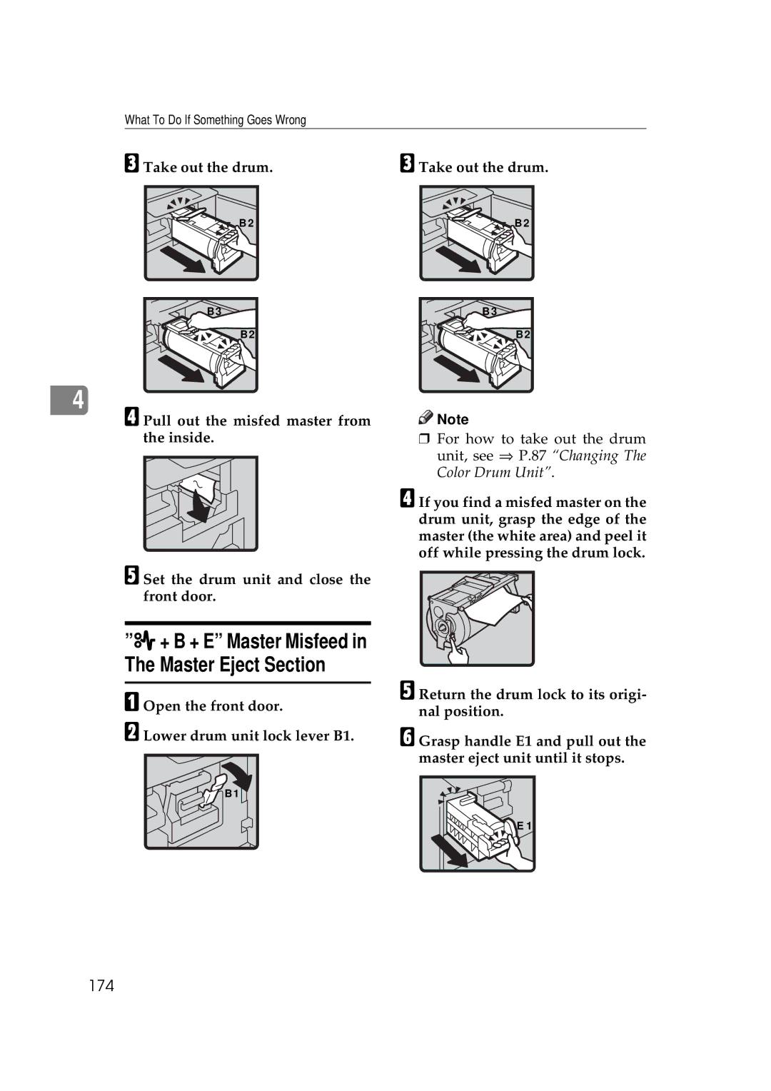 Savin 5450, 3350DNP manual 174, Open the front door Lower drum unit lock lever B1 