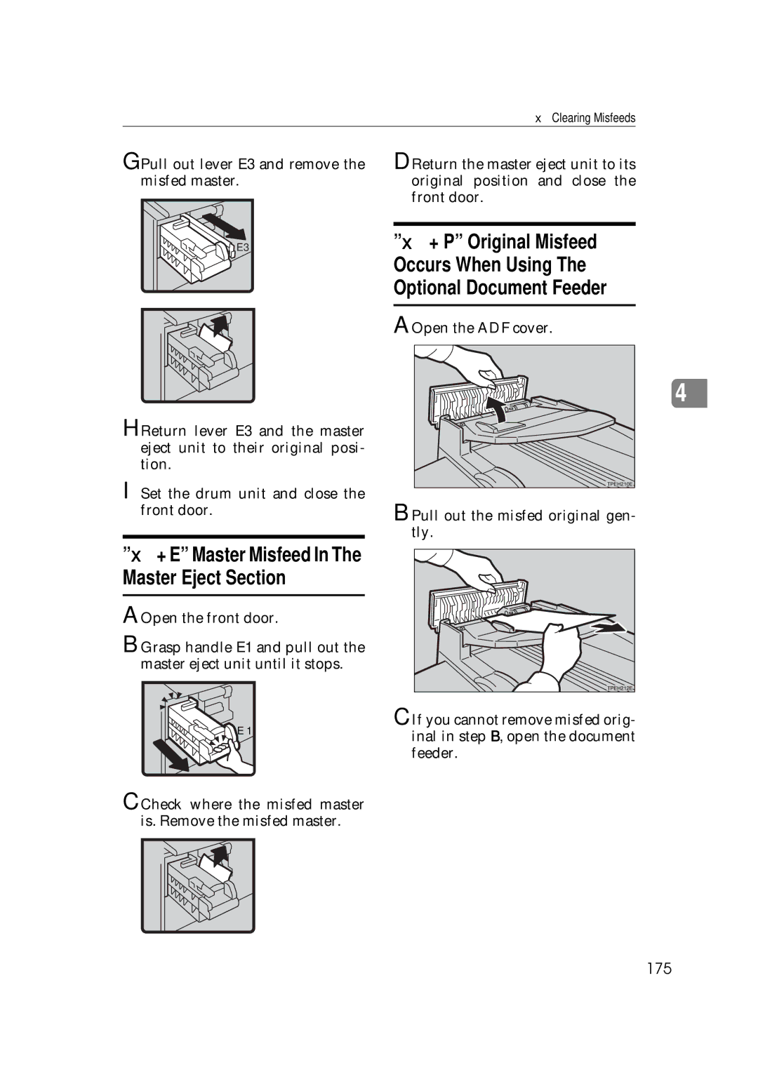 Savin 3350DNP, 5450 manual 175, Open the ADF cover, Pull out the misfed original gen- tly 