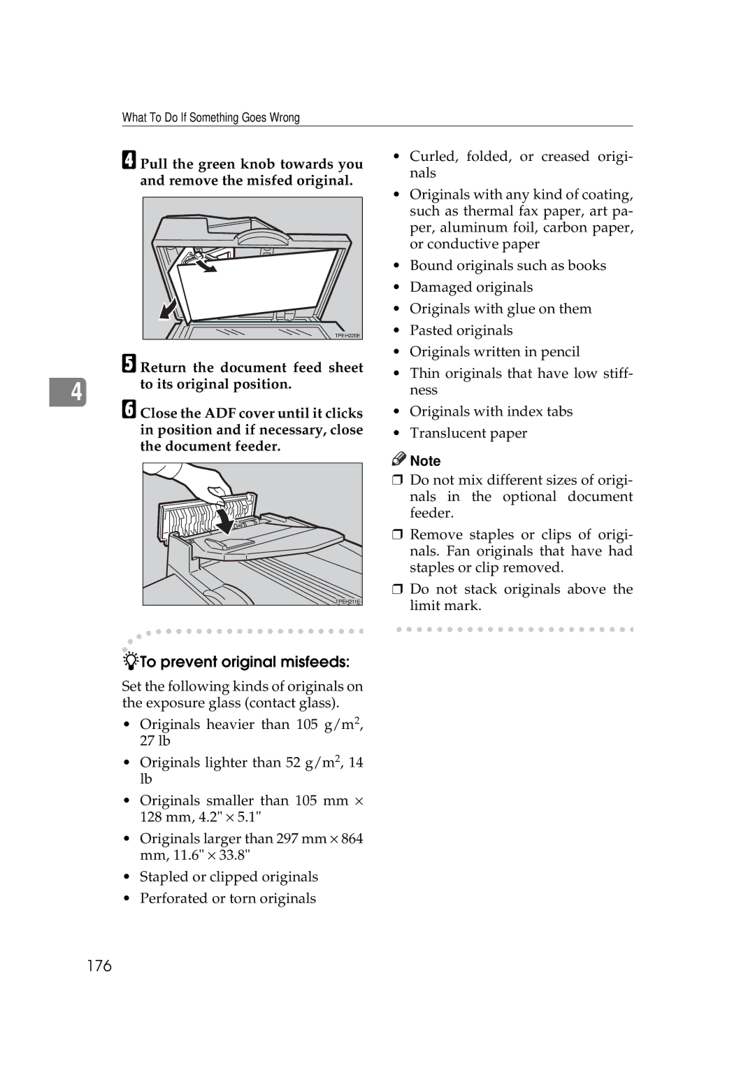 Savin 5450, 3350DNP manual To prevent original misfeeds, 176 