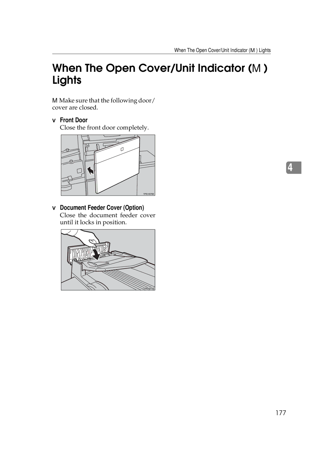 Savin 3350DNP, 5450 manual When The Open Cover/Unit Indicator M Lights, Front Door, Document Feeder Cover Option, 177 