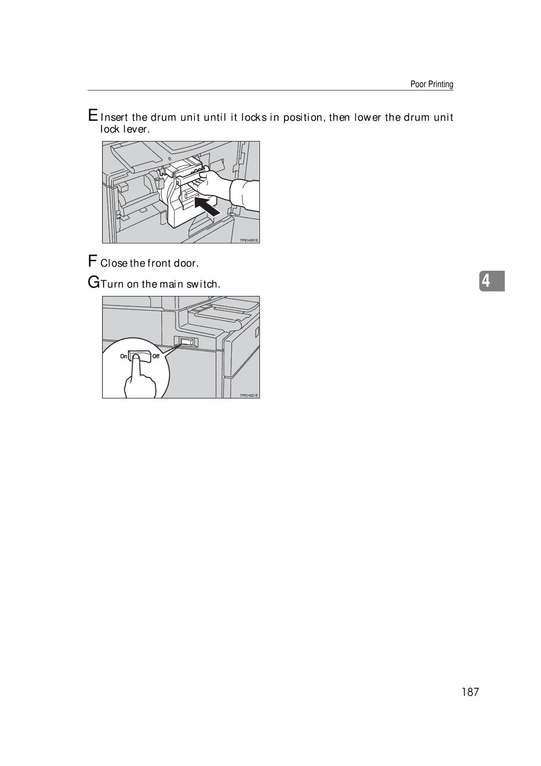 Savin 3350DNP, 5450 manual 187, Close the front door Turn on the main switch 