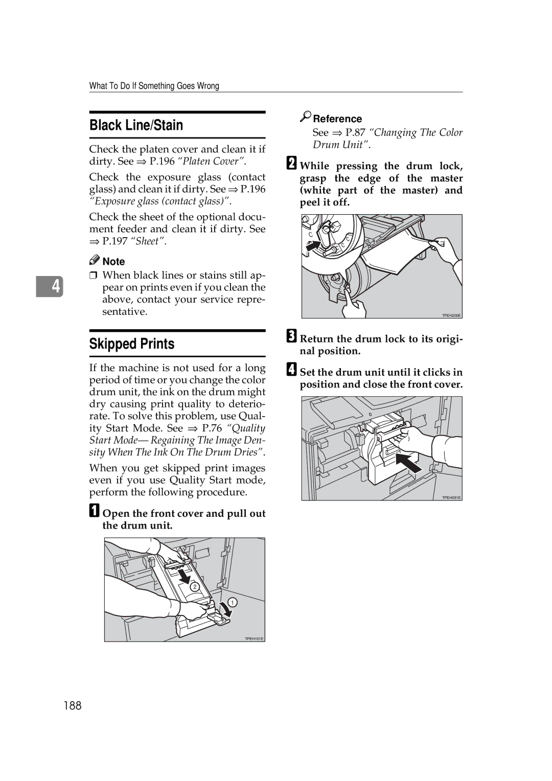 Savin 5450, 3350DNP manual Black Line/Stain, Skipped Prints, 188, Open the front cover and pull out the drum unit 