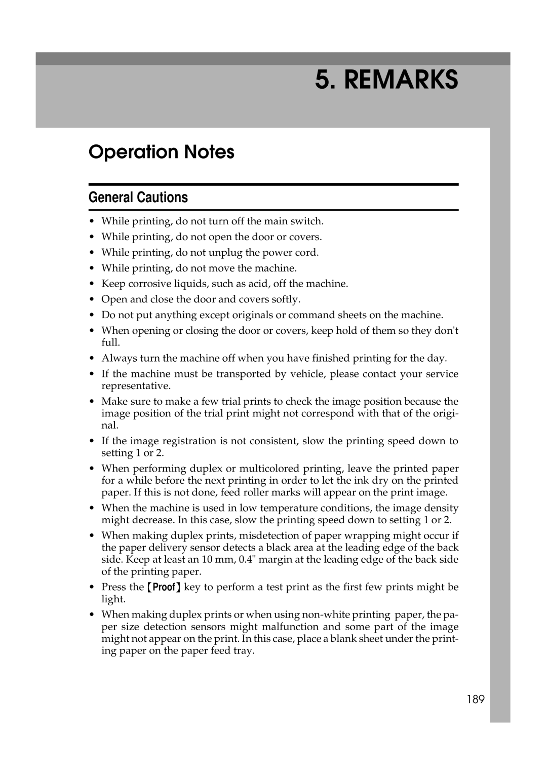 Savin 3350DNP, 5450 manual Operation Notes, General Cautions, 189 