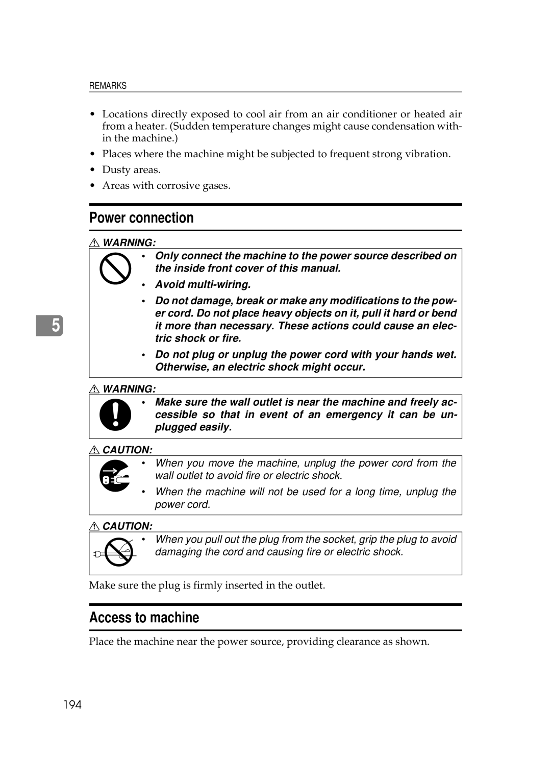 Savin 5450, 3350DNP manual Power connection, Access to machine, 194 