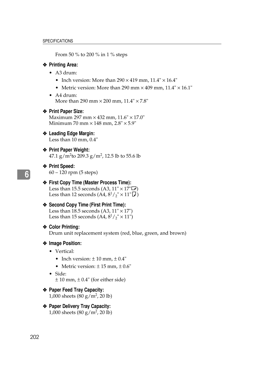 Savin 5450, 3350DNP Printing Area, Print Paper Size, Leading Edge Margin, Print Paper Weight, Print Speed, Color Printing 