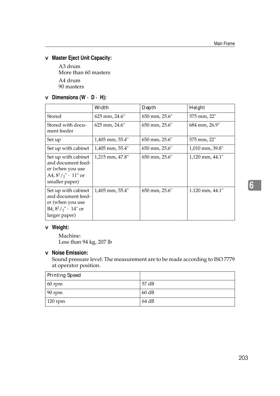 Savin 3350DNP, 5450 manual Master Eject Unit Capacity, Dimensions W × D × H, Weight, Noise Emission, 203 