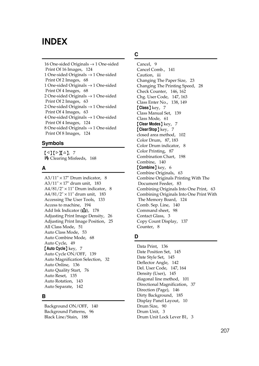 Savin 3350DNP, 5450 manual Index, 207 