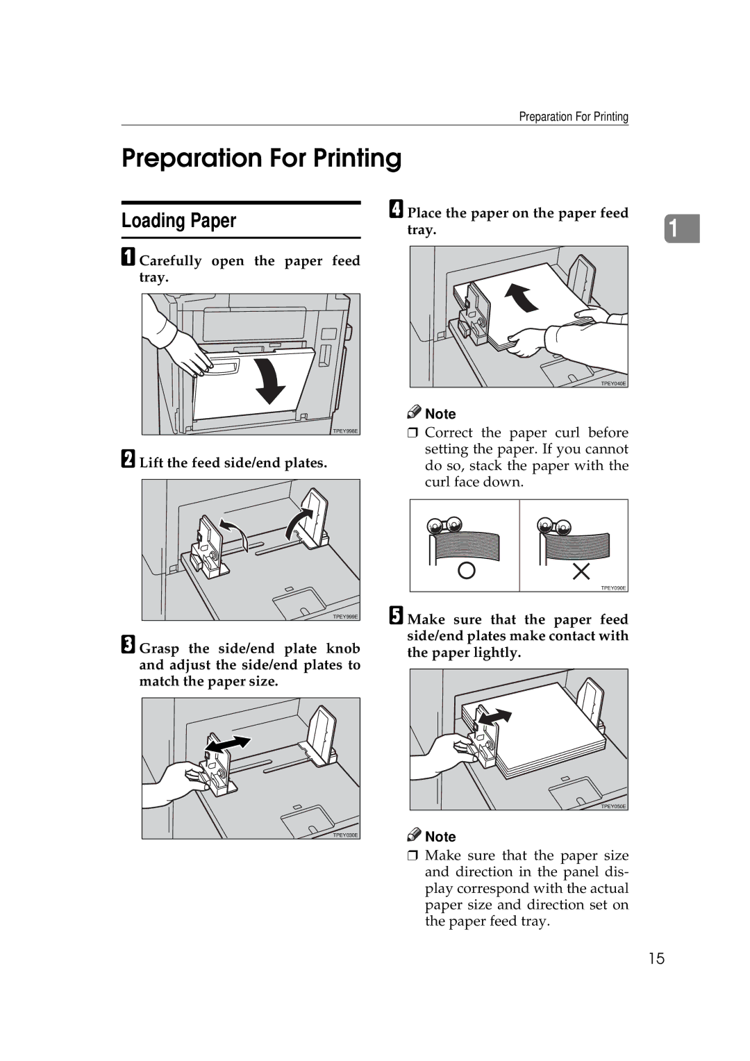 Savin 3350DNP Preparation For Printing, Loading Paper, Carefully open the paper feed tray, Lift the feed side/end plates 