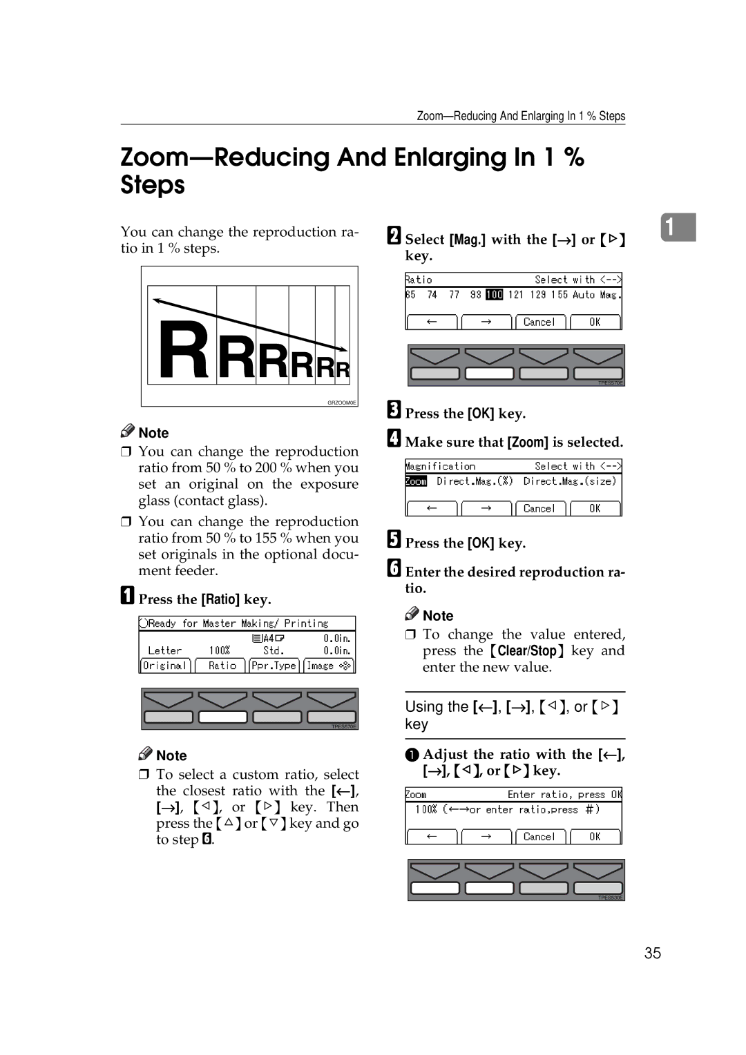 Savin 3350DNP, 5450 manual Zoom-Reducing And Enlarging In 1 % Steps, Select Mag. with the → or Key 