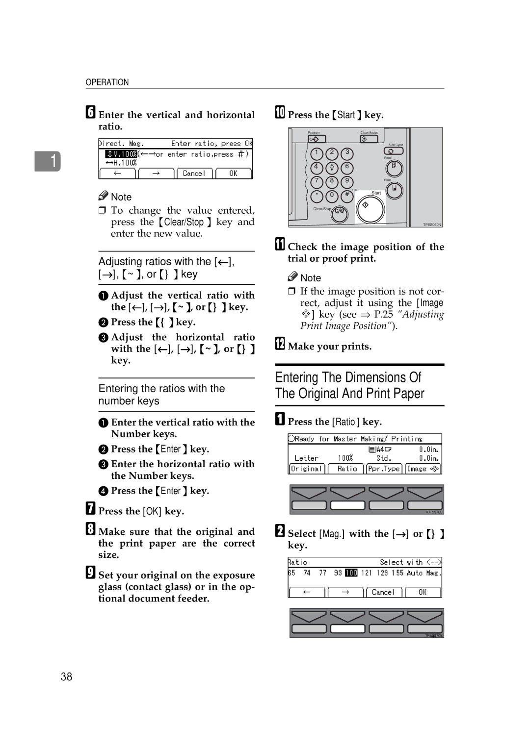 Savin 5450, 3350DNP Adjusting ratios with the ←, →, ~, or key, Enter the vertical and horizontal ratio Press the Start key 