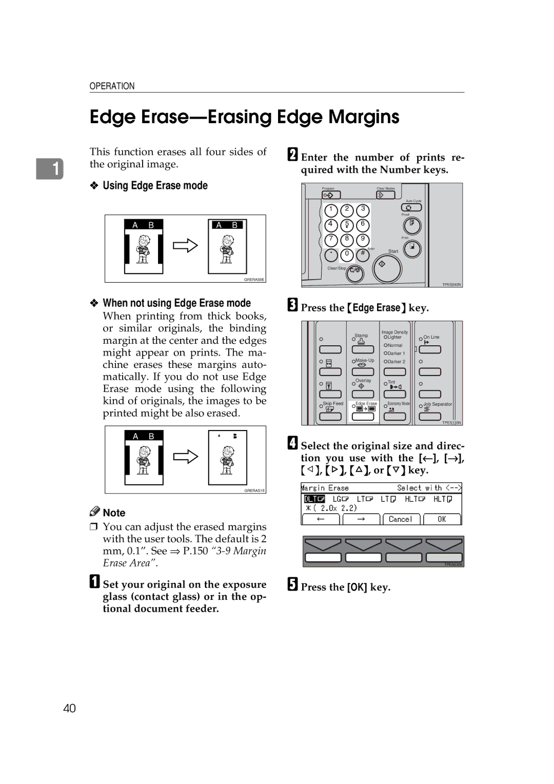 Savin 5450, 3350DNP manual Edge Erase-Erasing Edge Margins, Using Edge Erase mode, When not using Edge Erase mode 