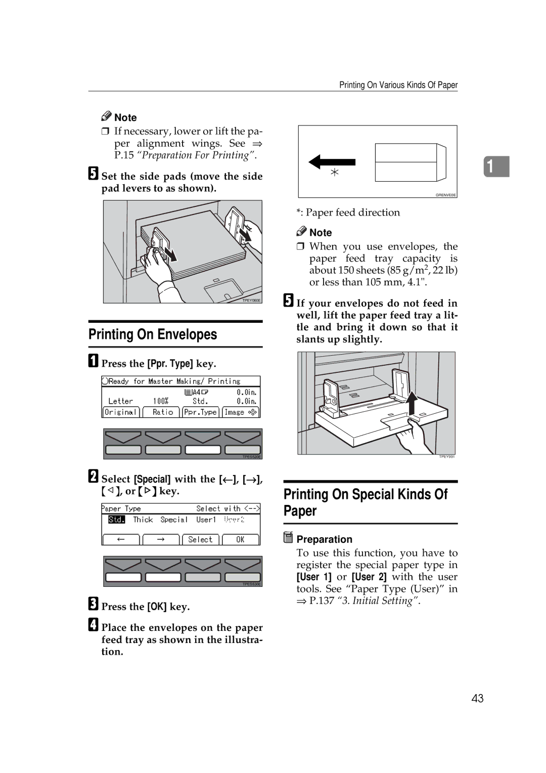 Savin 3350DNP, 5450 Printing On Envelopes, Printing On Special Kinds Of Paper, Select Special with the ←, →, ~, or key 