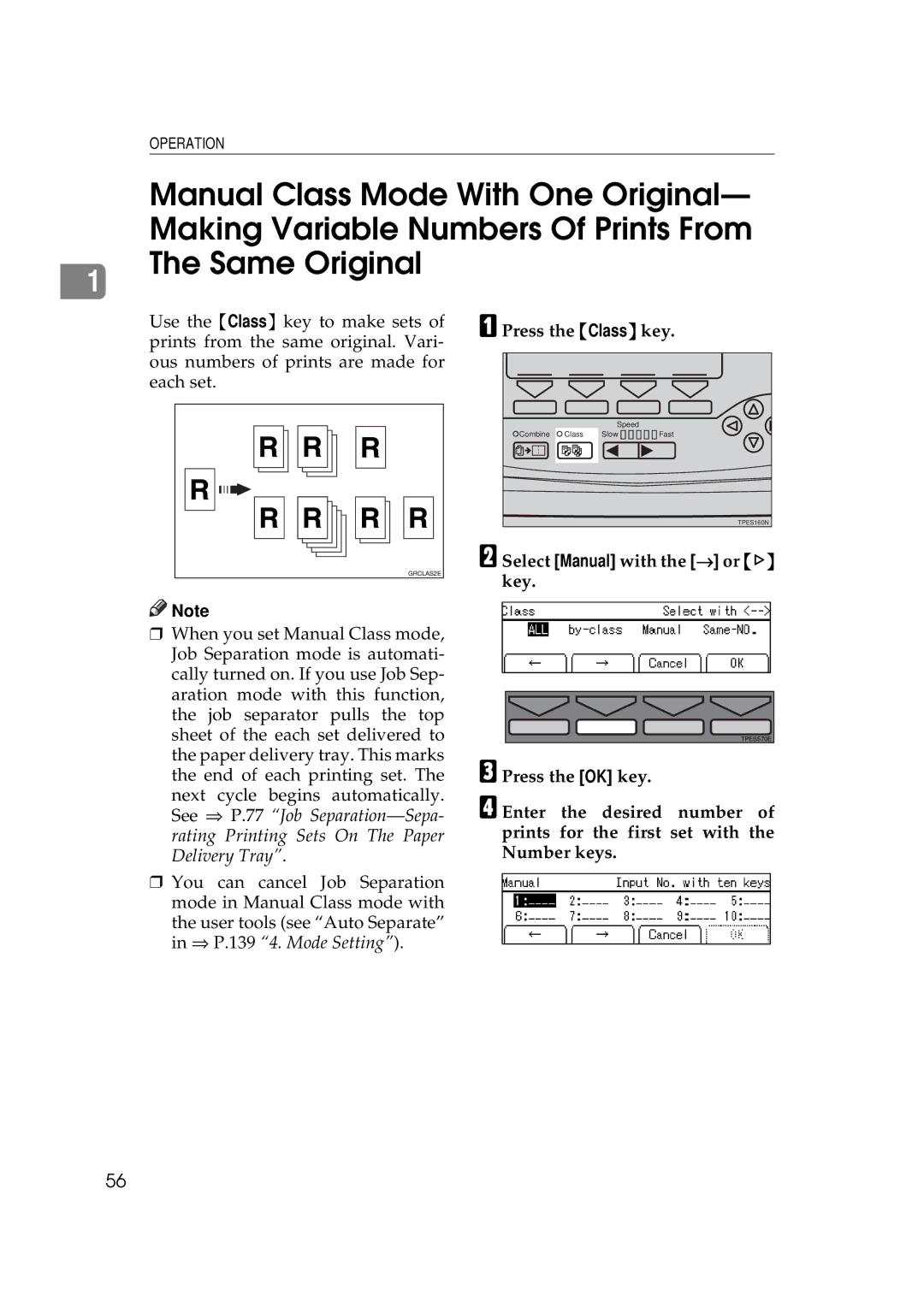 Savin 5450, 3350DNP manual Press the Class key, Select Manual with the → or key 