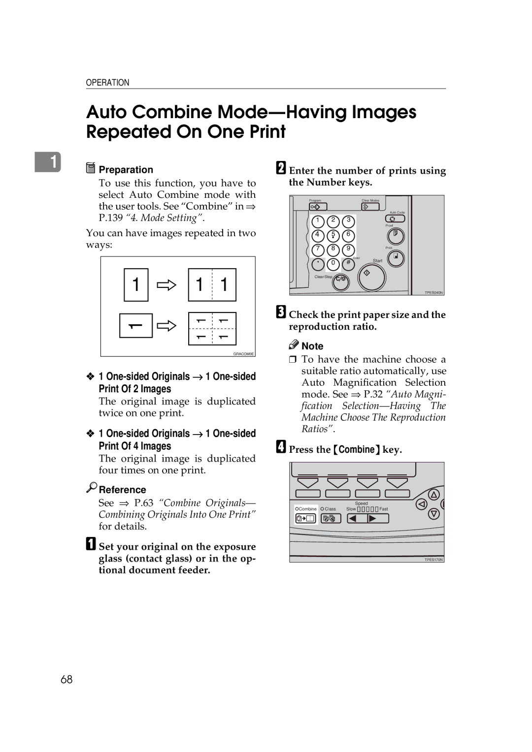 Savin 5450, 3350DNP manual Auto Combine Mode-Having Images Repeated On One Print, Print Of 2 Images, Print Of 4 Images 