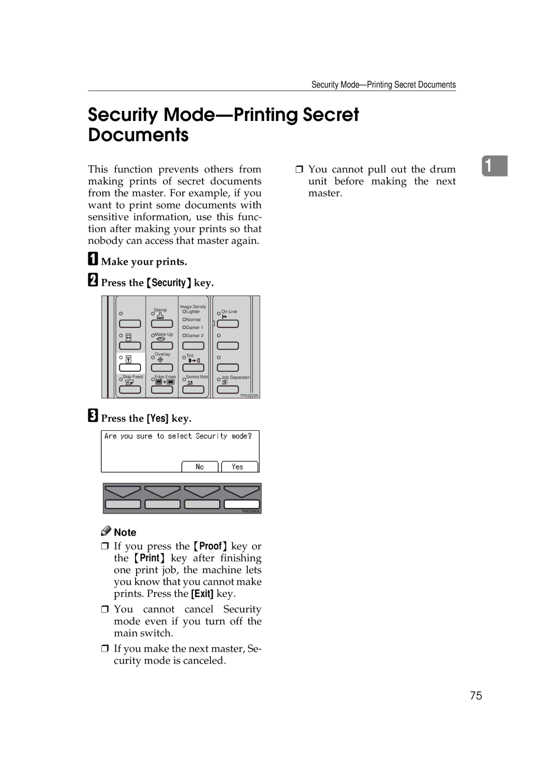 Savin 3350DNP, 5450 Security Mode-Printing Secret Documents, Make your prints Press the Security key, Press the Yes key 