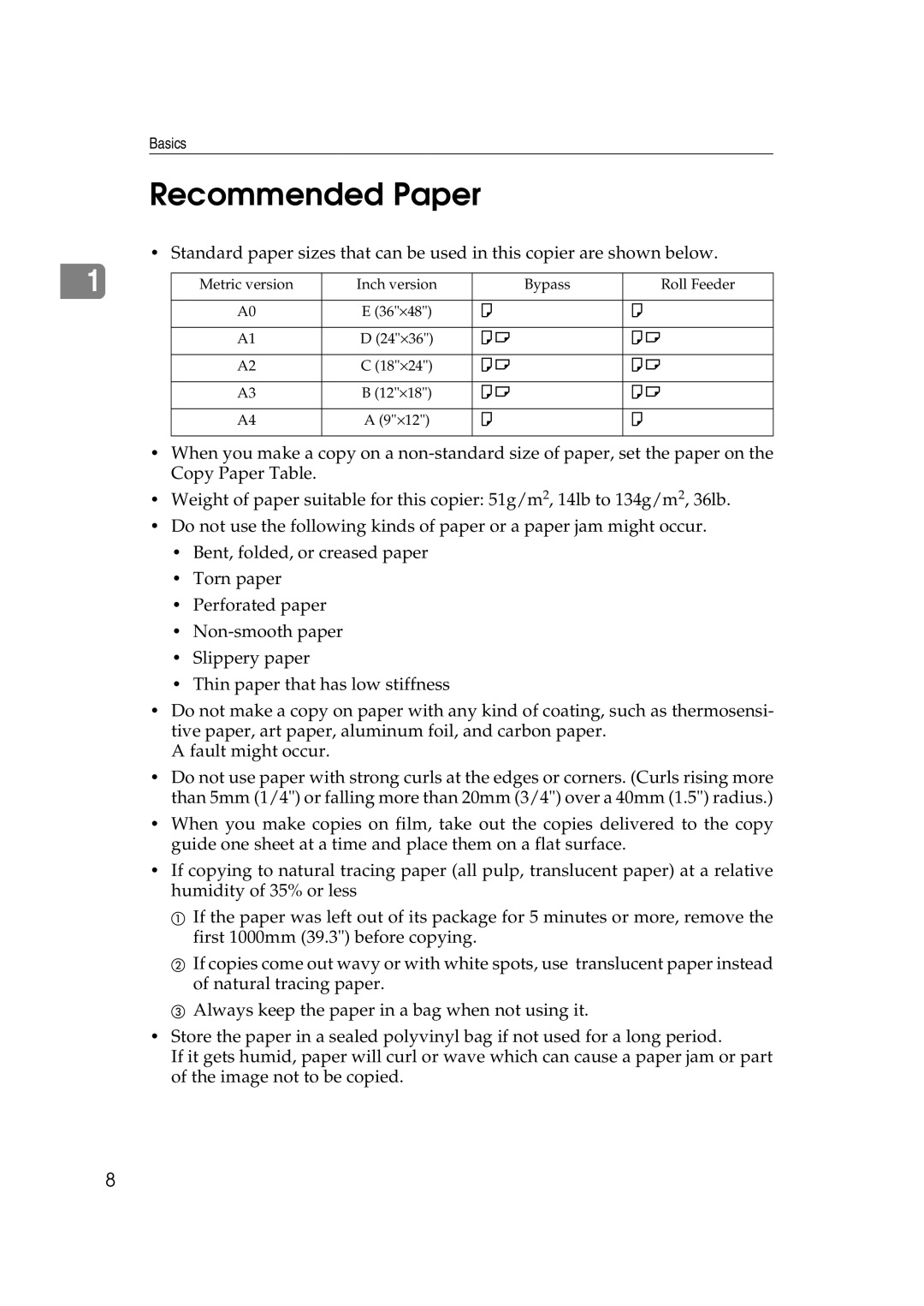 Savin 7700W, 7800W operating instructions Recommended Paper 