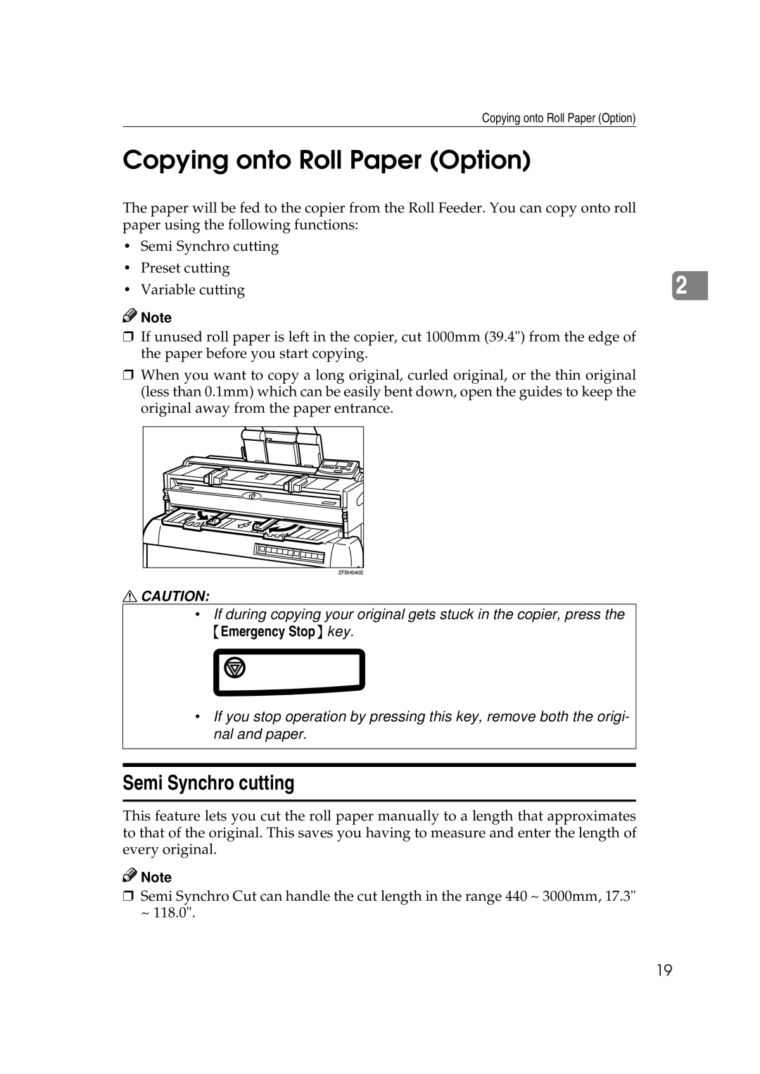 Savin 7800W, 7700W operating instructions Copying onto Roll Paper Option, Semi Synchro cutting 