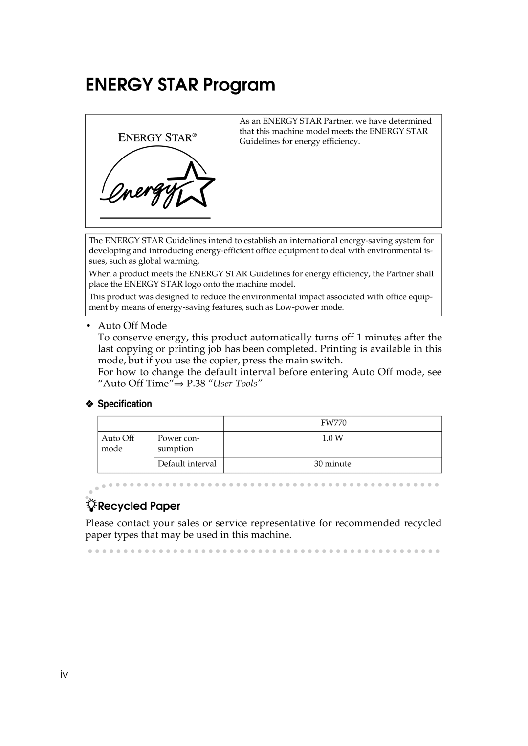 Savin 7700W, 7800W operating instructions Energy Star Program, Specification 