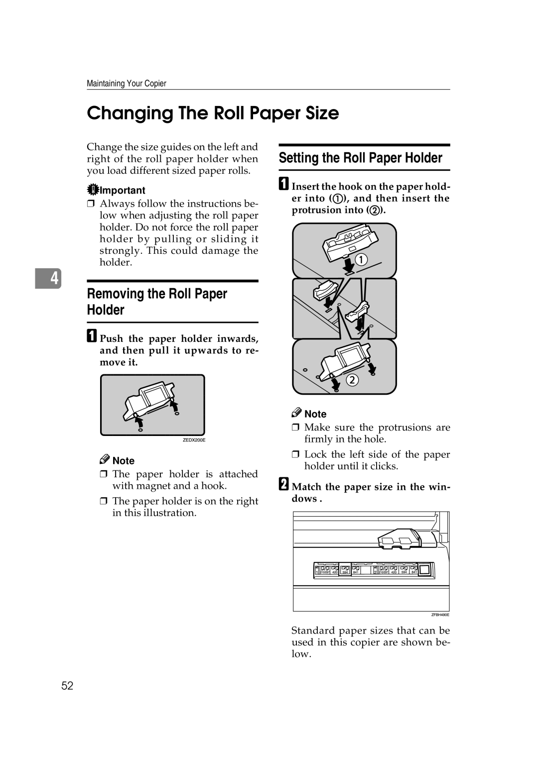 Savin 7700W, 7800W Changing The Roll Paper Size, Removing the Roll Paper Holder, Setting the Roll Paper Holder 