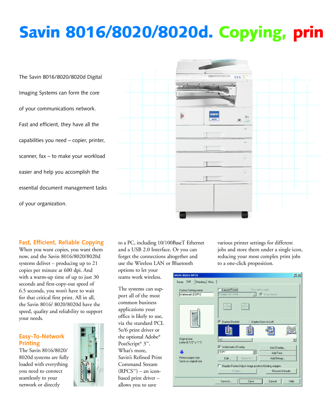 Savin 8020d, 8016 manual Fast, Efficient, Reliable Copying, Easy-To-Network Printing 