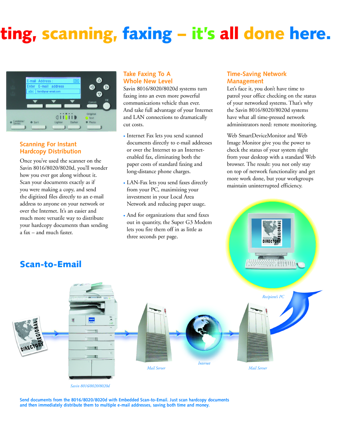 Savin 8016, 8020d manual Scan-to-Email, Scanning For Instant Hardcopy Distribution, Take Faxing To a Whole New Level 