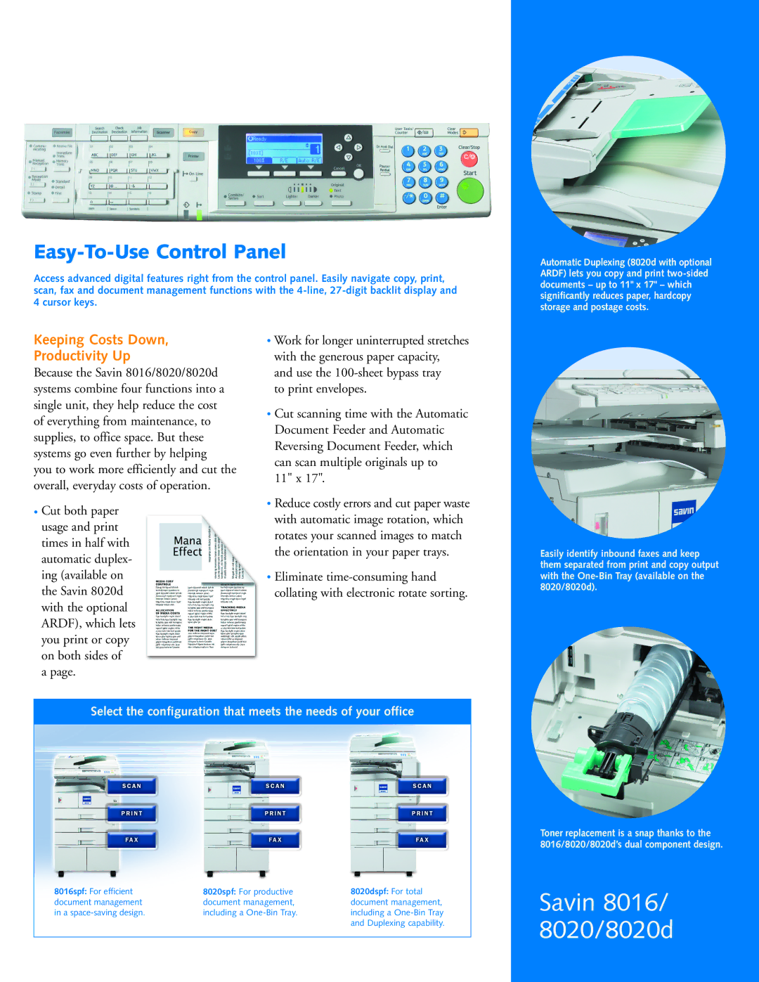 Savin 8016, 8020d manual Easy-To-Use Control Panel, Keeping Costs Down Productivity Up 