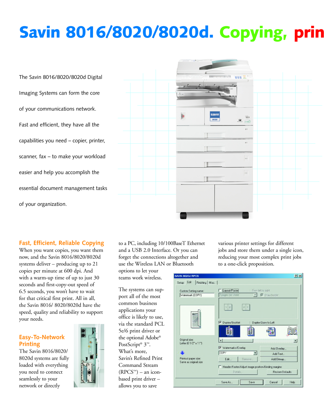 Savin manual Fast, Efficient, Reliable Copying, Easy-To-Network Printing, Savin 8016/8020/8020d. Copying, prin 