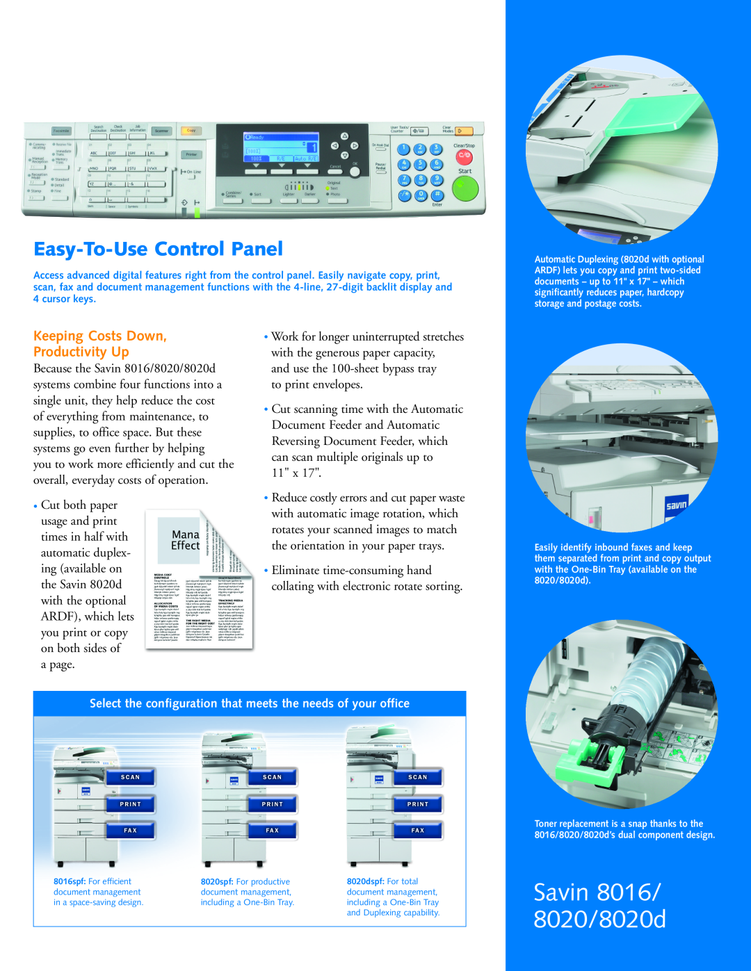 Savin manual Easy-To-Use Control Panel, Keeping Costs Down Productivity Up, Savin 8016/ 8020/8020d 