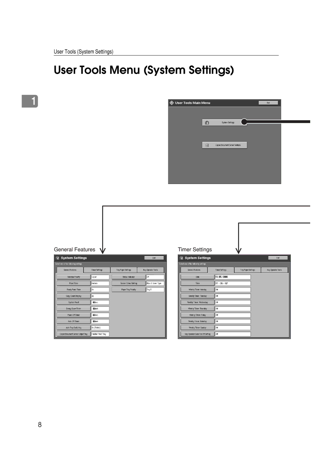 Savin 2585, 8502, 10502 manual User Tools Menu System Settings 