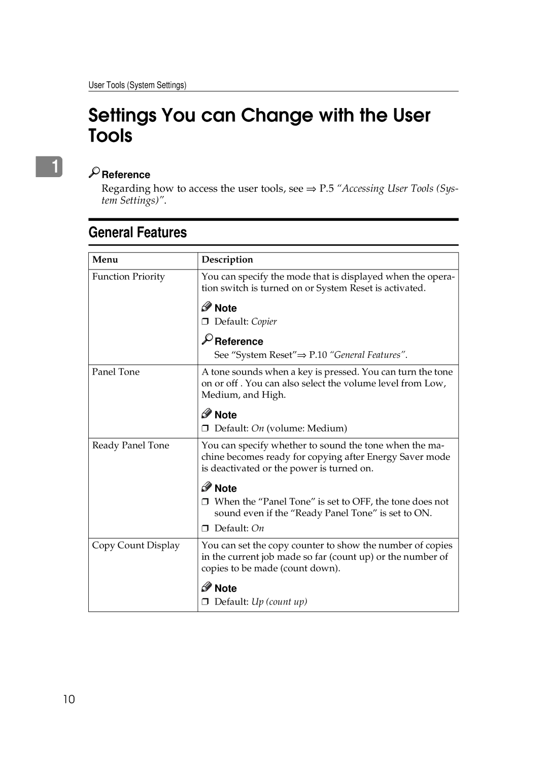 Savin 8502, 2585, 10502 manual Settings You can Change with the User Tools, General Features 